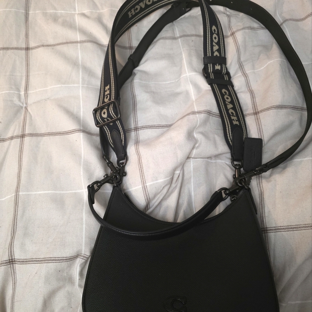 Coach Black Leather Shoulder Bag with Branded Canvas Strap